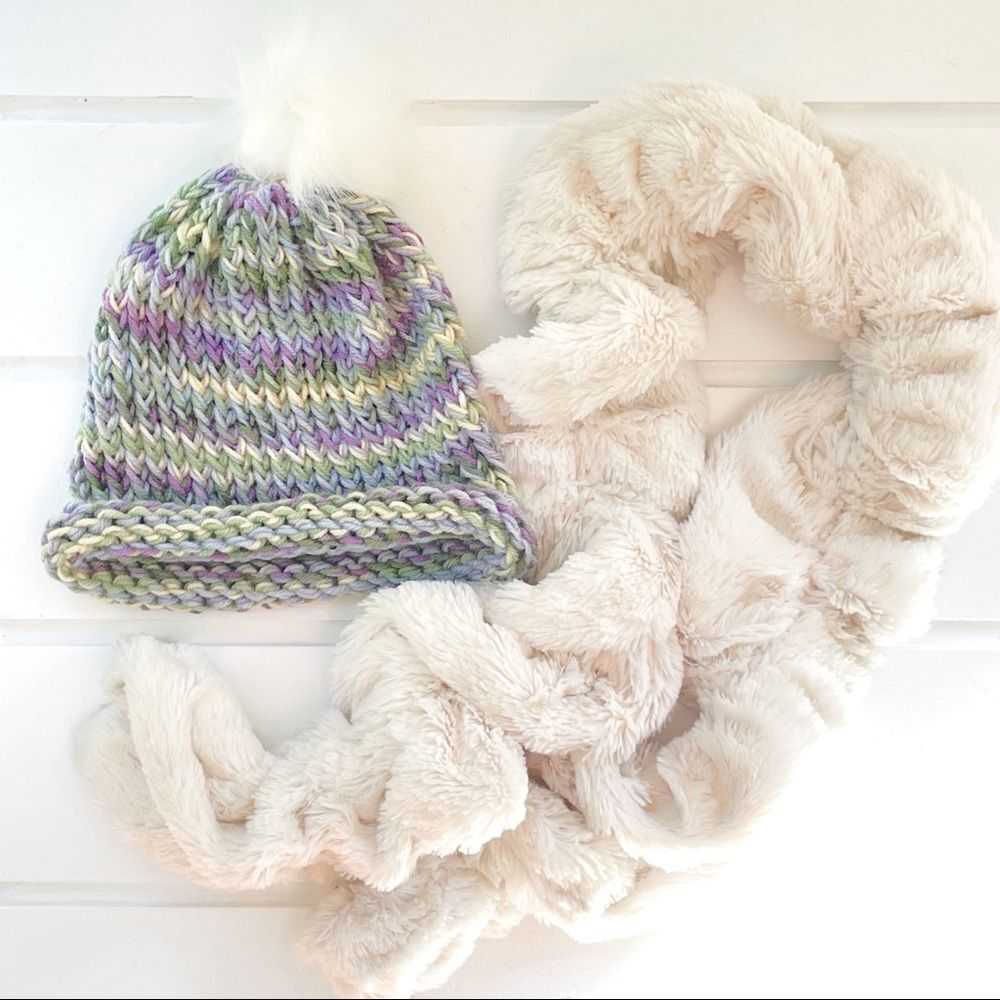 Hand Knit Pom Pom Winter Hat and Girls SO® Faux-Fur Twist Scarf